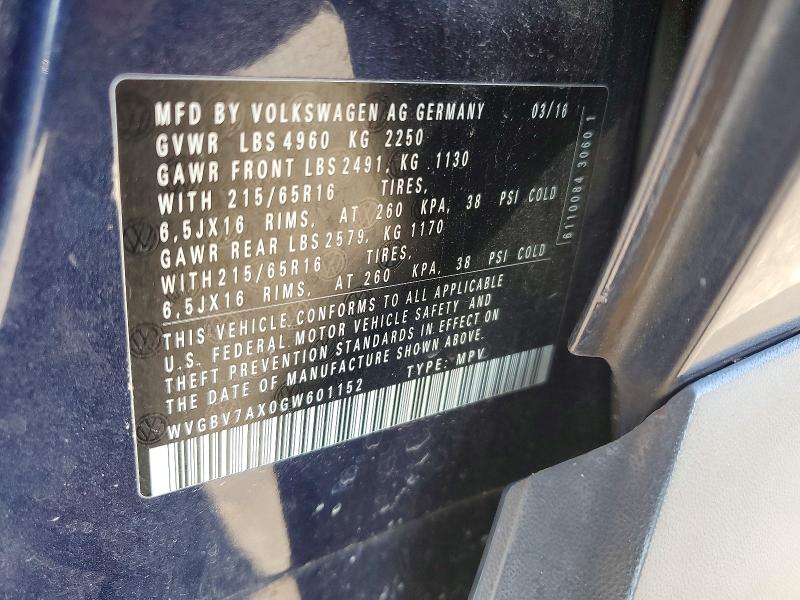 67813556 :رقم المزاد ، WVGBV7AX0GW601152 vin ، 2016 Volkswagen Tiguan مزاد بيع