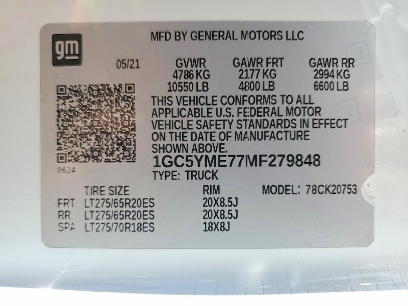 Продажа на аукционе авто 2021 Chevrolet Silverado, vin: 1GC5YME77MF279848, номер лота: 66820576