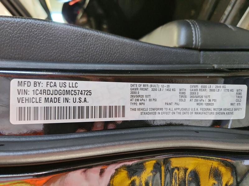 68381036 :رقم المزاد ، 1C4RDJDG0MC574725 vin ، 2021 Dodge Durango مزاد بيع