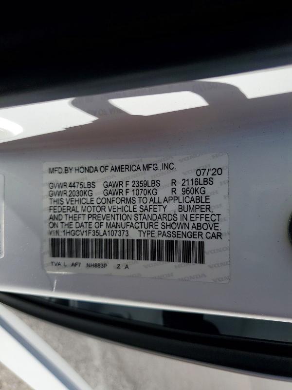 Aukcja sprzedaży 2020 Honda Accord, vin: 1HGCV1F35LA107373, numer aukcji: 68934416
