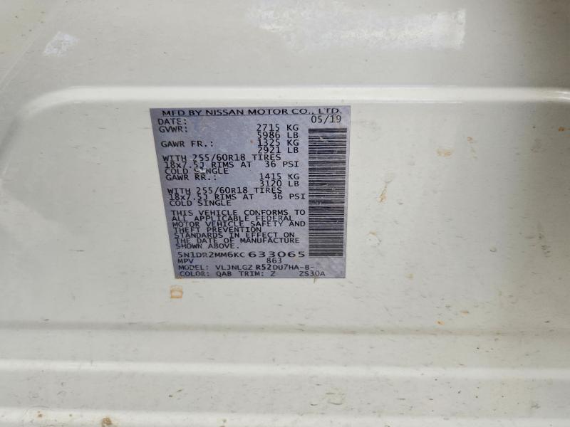 2019 Nissan Pathfinder მანქანა იყიდება აუქციონზე, vin: 5N1DR2MM6KC633065, აუქციონის ნომერი: 68273726