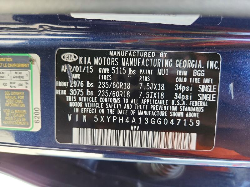 68879586 :رقم المزاد ، 5XYPH4A13GG047159 vin ، 2016 Kia Sorento مزاد بيع