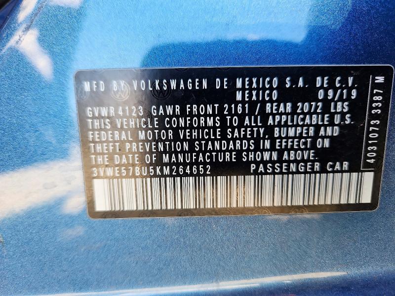 2019 Volkswagen Jetta მანქანა იყიდება აუქციონზე, vin: 3VWE57BU5KM264652, აუქციონის ნომერი: 69382836