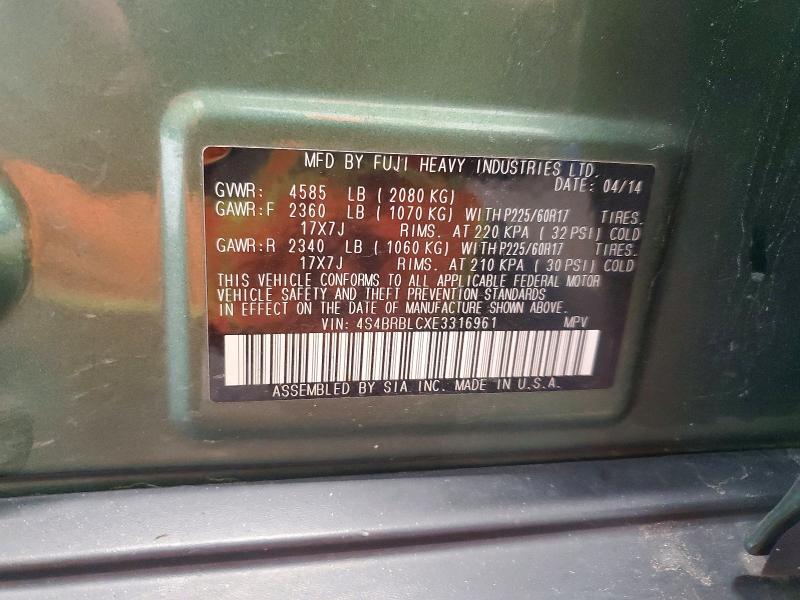 2014 Subaru Outback მანქანა იყიდება აუქციონზე, vin: 4S4BRBLCXE3316961, აუქციონის ნომერი: 66944306