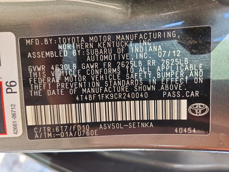 69336526 :رقم المزاد ، 4T4BF1FK9CR240040 vin ، 2012 Toyota Camry مزاد بيع