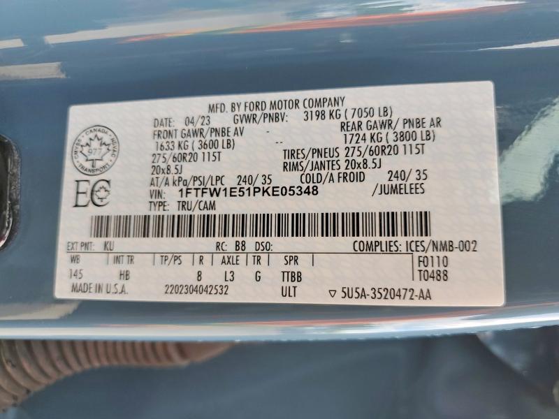 2023 Ford F150 მანქანა იყიდება აუქციონზე, vin: 1FTFW1E51PKE05348, აუქციონის ნომერი: 68374336