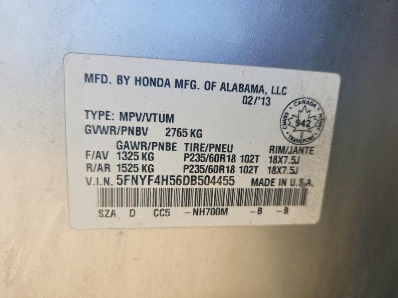 Продаж на аукціоні авто 2013 Honda Pilot, vin: 5FNYF4H56DB504455, номер лоту: 70677236