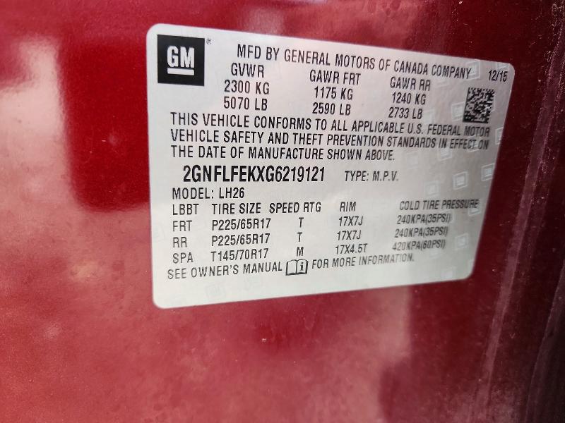 69609026 :رقم المزاد ، 2GNFLFEKXG6219121 vin ، 2016 Chevrolet Equinox مزاد بيع