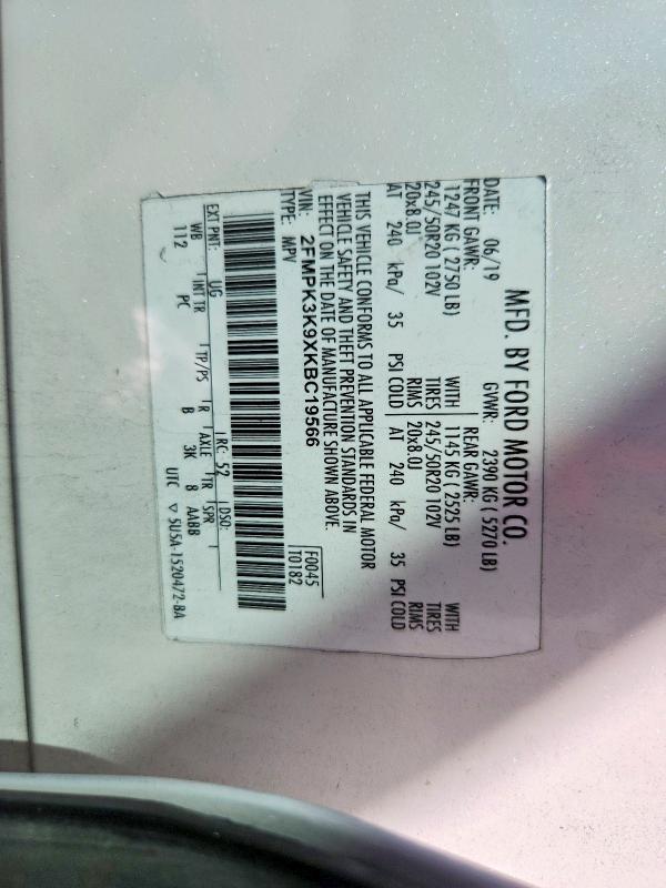 67436596 :رقم المزاد ، 2FMPK3K9XKBC19566 vin ، 2019 Ford Edge مزاد بيع