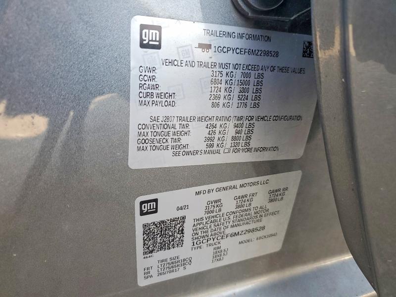Aukcja sprzedaży 2021 Chevrolet Silverado, vin: 1GCPYCEF6MZ298528, numer aukcji: 67451106