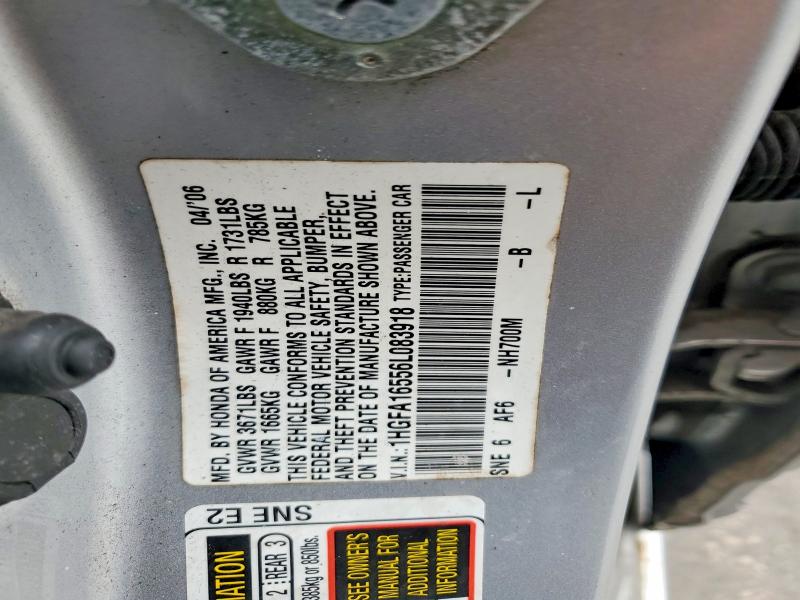 67326766 :رقم المزاد ، 1HGFA16556L083918 vin ، 2006 Honda Civic مزاد بيع