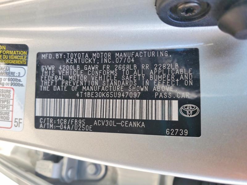 2005 Toyota Camry მანქანა იყიდება აუქციონზე, vin: 4T1BE30K65U947097, აუქციონის ნომერი: 68298786