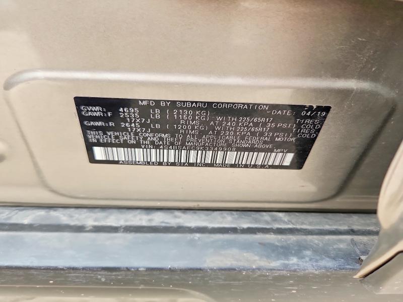 2019 Subaru Outback მანქანა იყიდება აუქციონზე, vin: 4S4BSAFC9K3349908, აუქციონის ნომერი: 70159856