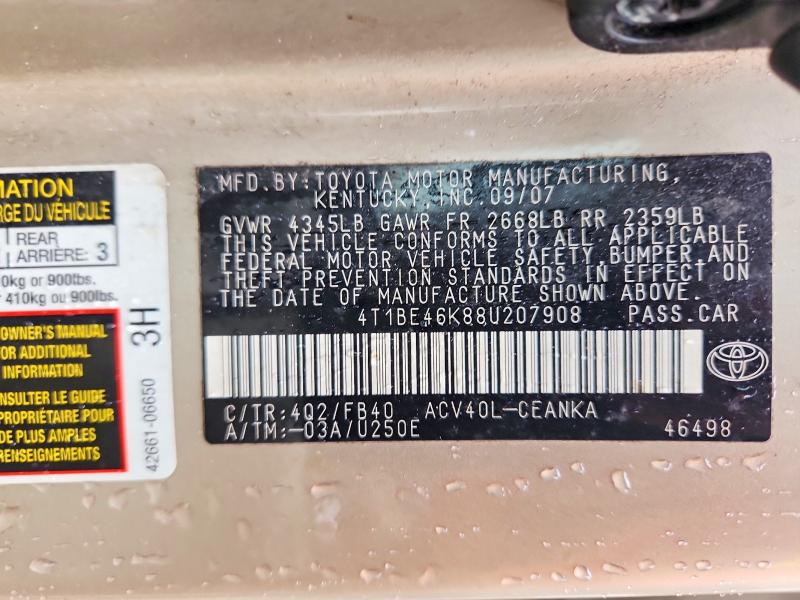 Продажа на аукционе авто 2008 Toyota Camry, vin: 4T1BE46K88U207908, номер лота: 69708396