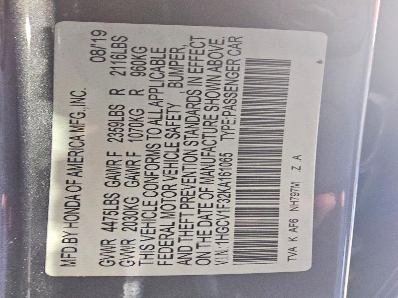 2019 Honda Accord მანქანა იყიდება აუქციონზე, vin: 1HGCV1F32KA161065, აუქციონის ნომერი: 66605006