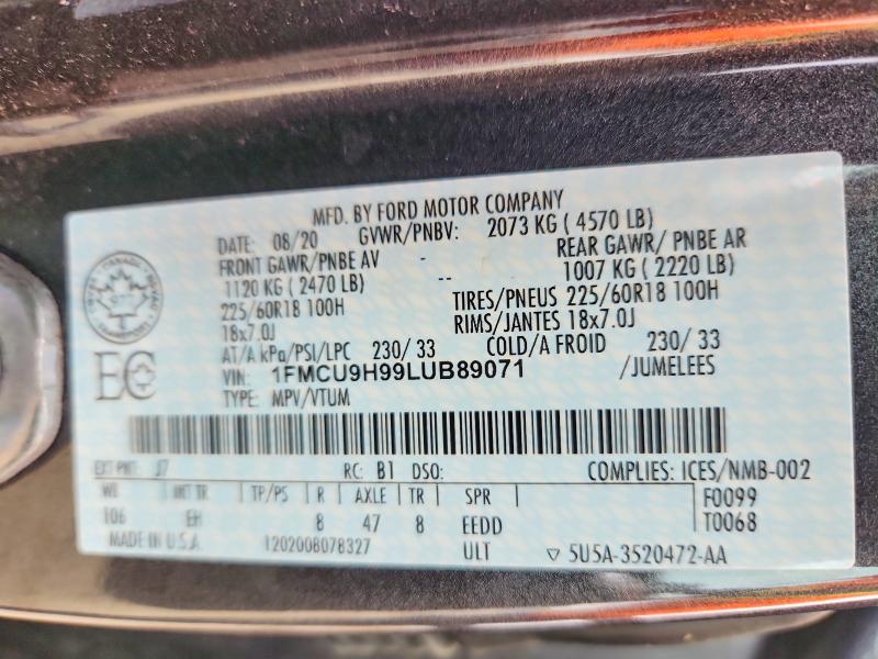 2020 Ford Escape მანქანა იყიდება აუქციონზე, vin: 1FMCU9H99LUB89071, აუქციონის ნომერი: 69012486