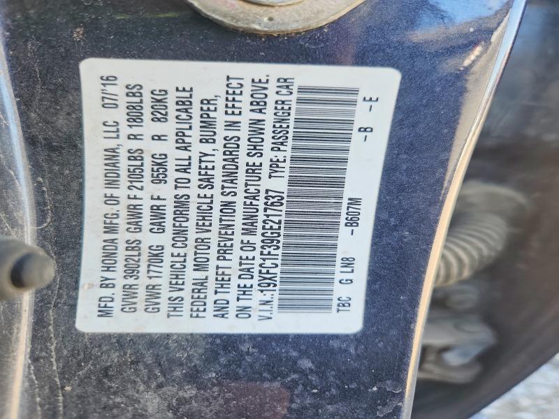 Продаж на аукціоні авто 2016 Honda Civic, vin: 19XFC1F39GE217637, номер лоту: 68072526