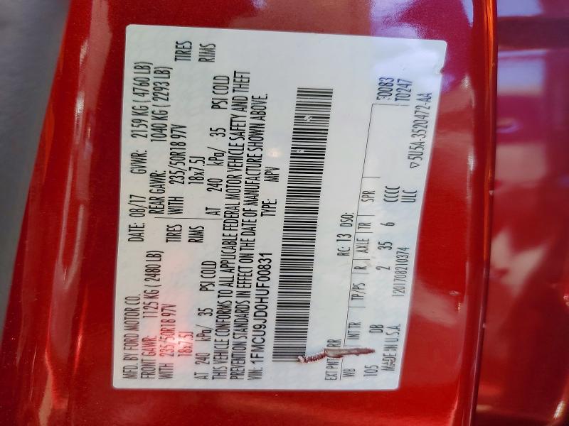 2017 Ford Escape მანქანა იყიდება აუქციონზე, vin: 1FMCU9JD0HUF00831, აუქციონის ნომერი: 67818756