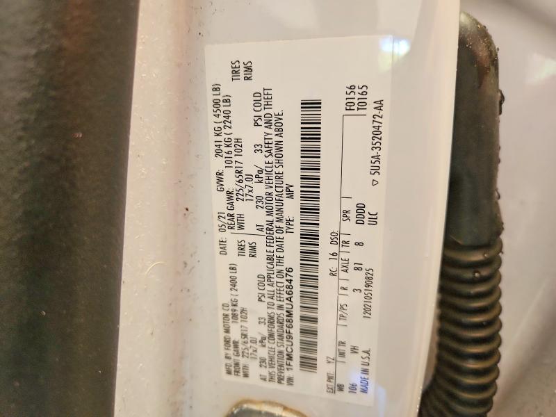 70466906 :رقم المزاد ، 1FMCU9F68MUA68476 vin ، 2021 Ford Escape مزاد بيع
