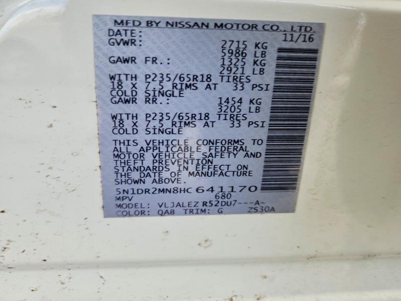 2017 Nissan Pathfinder მანქანა იყიდება აუქციონზე, vin: 5N1DR2MN8HC641170, აუქციონის ნომერი: 70550886