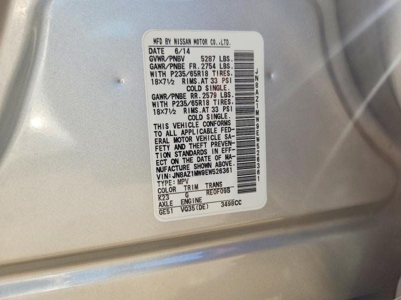 2014 Nissan Murano მანქანა იყიდება აუქციონზე, vin: JN8AZ1MW9EW526361, აუქციონის ნომერი: 67526526