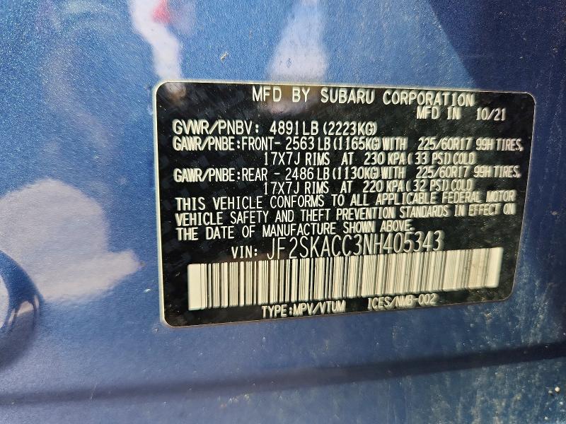 68059916 :رقم المزاد ، JF2SKACC3NH405343 vin ، 2022 Subaru Forester مزاد بيع