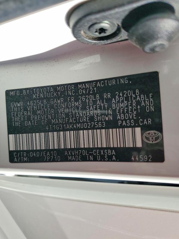 Aukcja sprzedaży 2021 Toyota Camry, vin: 4T1G31AK4MU027563, numer aukcji: 68708516