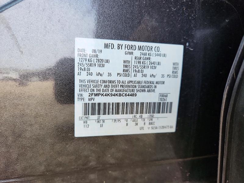 2019 Ford Edge მანქანა იყიდება აუქციონზე, vin: 2FMPK4K94KBC64489, აუქციონის ნომერი: 68554156