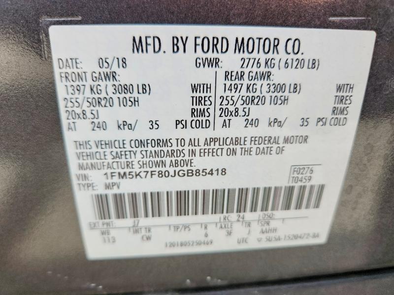 Продаж на аукціоні авто 2018 Ford Explorer, vin: 1FM5K7F80JGB85418, номер лоту: 70354466