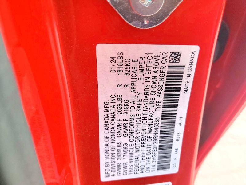 70364856 :رقم المزاد ، 2HGFE2F29RH545365 vin ، 2024 Honda Civc مزاد بيع