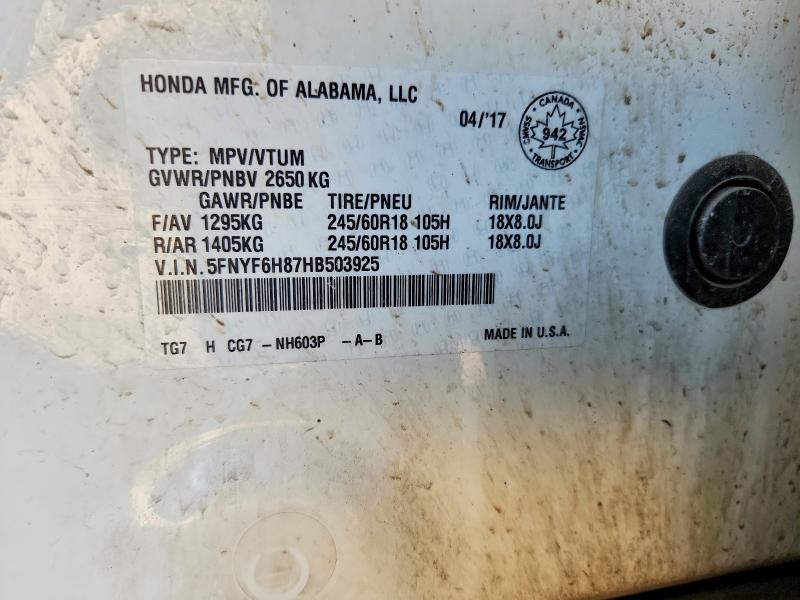 Aukcja sprzedaży 2017 Honda Pilot, vin: 5FNYF6H87HB503925, numer aukcji: 70409806