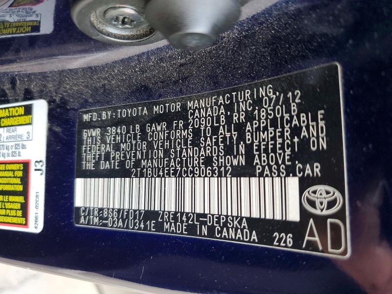 Продажа на аукционе авто 2012 Toyota Corolla, vin: 2T1BU4EE7CC906312, номер лота: 70100496