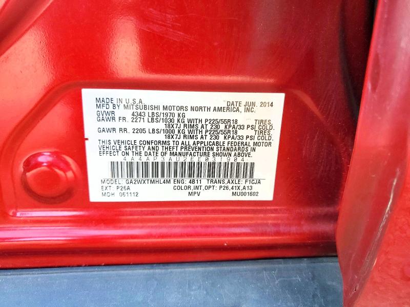 68645876 :رقم المزاد ، 4A4AP3AU2EE031904 vin ، 2014 Mitsubishi Outlander Sport مزاد بيع