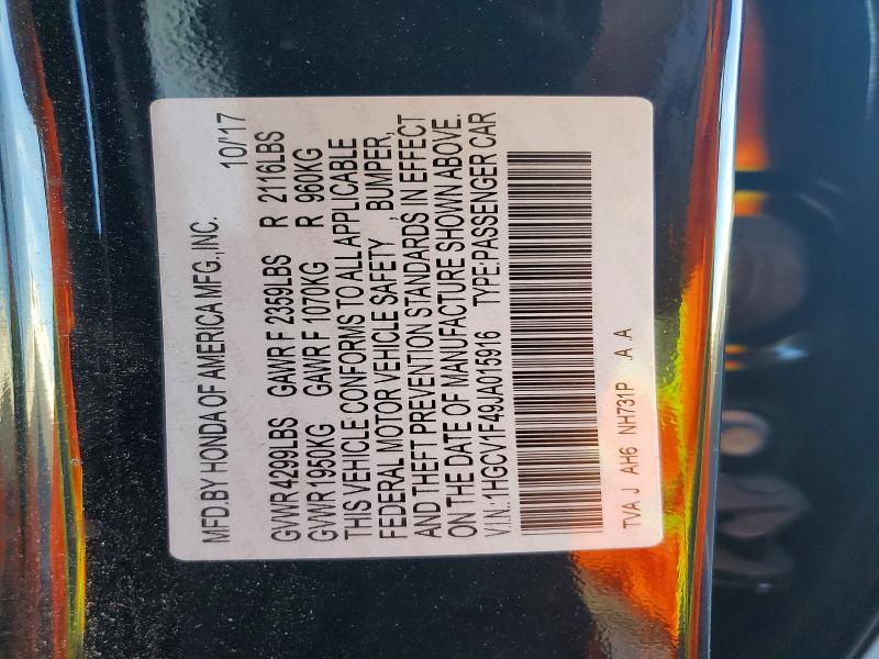 Aukcja sprzedaży 2018 Honda Accord, vin: 1HGCV1F49JA015916, numer aukcji: 68941066