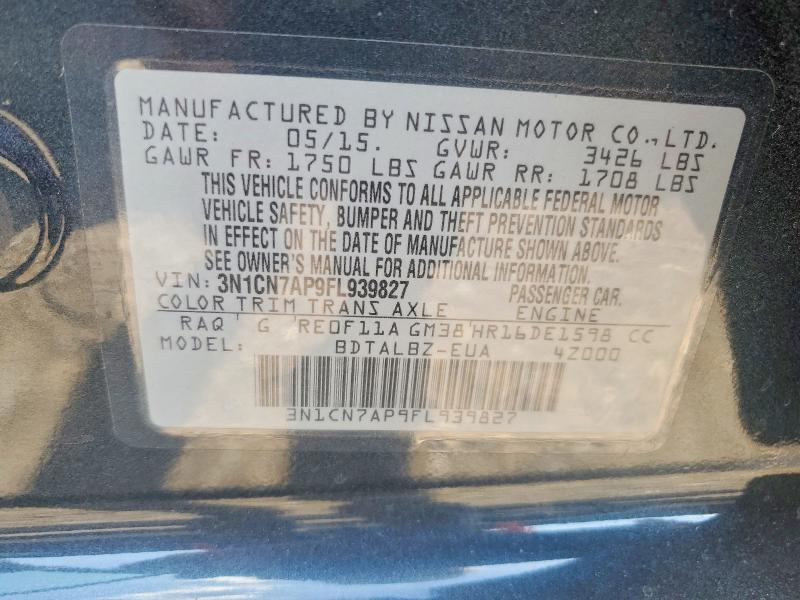 2015 Nissan Versa მანქანა იყიდება აუქციონზე, vin: 3N1CN7AP9FL939827, აუქციონის ნომერი: 67900186