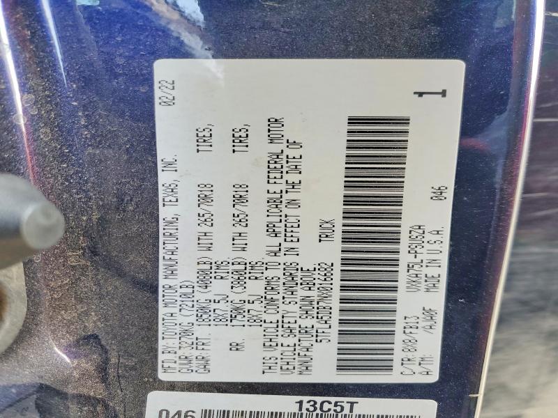 2022 Toyota Tundra მანქანა იყიდება აუქციონზე, vin: 5TFLA5DB7NX016682, აუქციონის ნომერი: 69913516