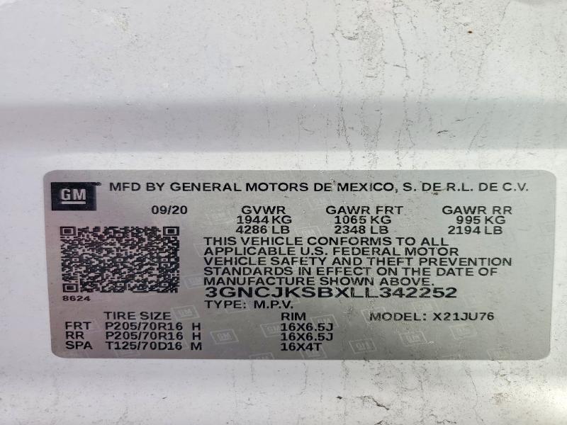 2020 Chevrolet Trax მანქანა იყიდება აუქციონზე, vin: 3GNCJKSBXLL342252, აუქციონის ნომერი: 70524356