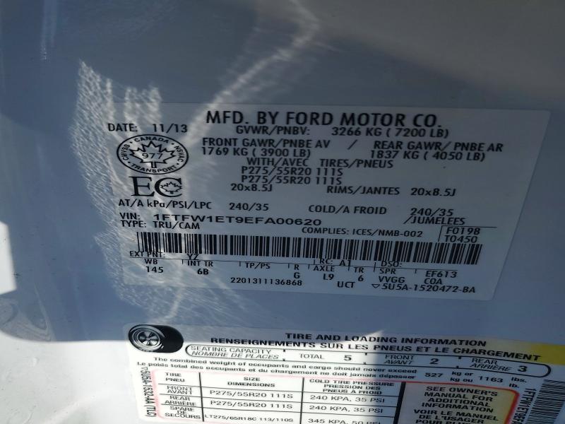 2014 Ford F150 მანქანა იყიდება აუქციონზე, vin: 1FTFW1ET9EFA00620, აუქციონის ნომერი: 70945526