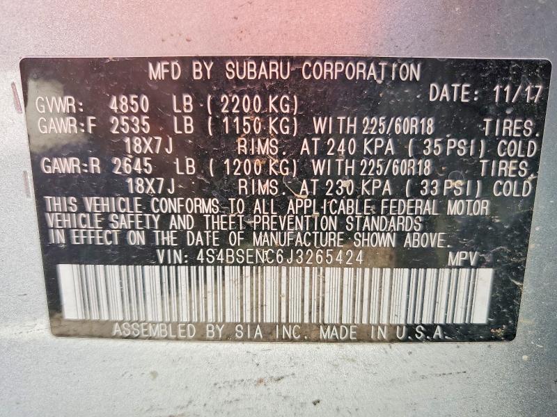 2018 Subaru Outback მანქანა იყიდება აუქციონზე, vin: 4S4BSENC6J3265424, აუქციონის ნომერი: 69911186