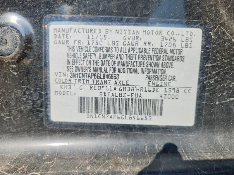 Продаж на аукціоні авто 2016 Nissan Versa, vin: 3N1CN7AP6GL846653, номер лоту: 70213366