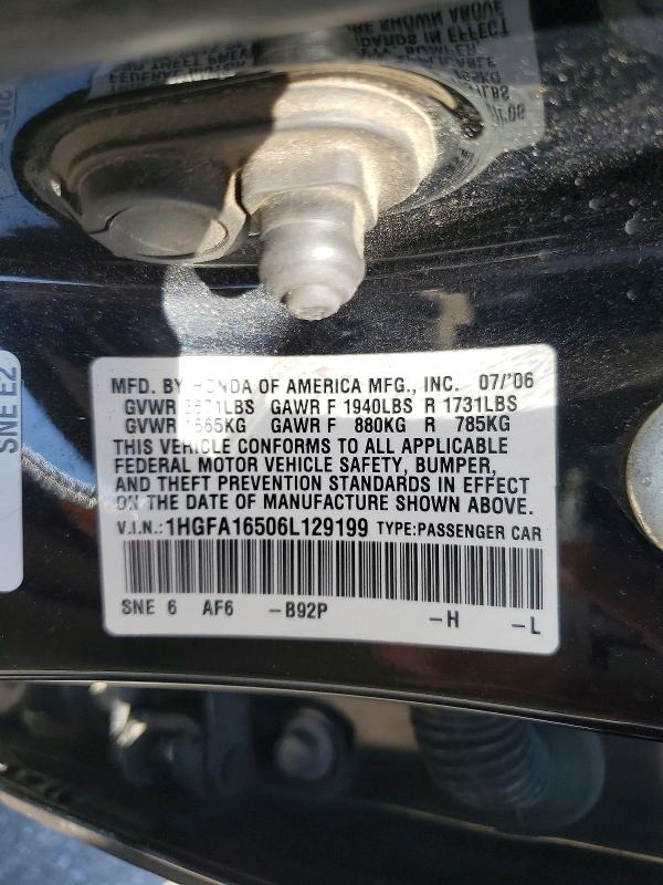 Aukcja sprzedaży 2006 Honda Civic, vin: 1HGFA16506L129199, numer aukcji: 67885996