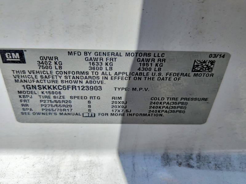 Aukcja sprzedaży 2015 Chevrolet Suburban, vin: 1GNSKKKC6FR123903, numer aukcji: 68369096