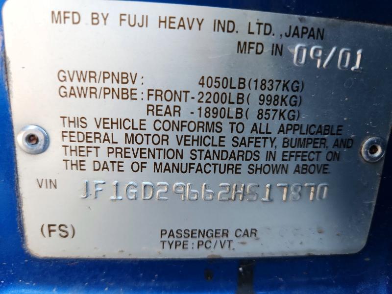 Aukcja sprzedaży 2002 Subaru Impreza, vin: JF1GD29662H517870, numer aukcji: 67696696