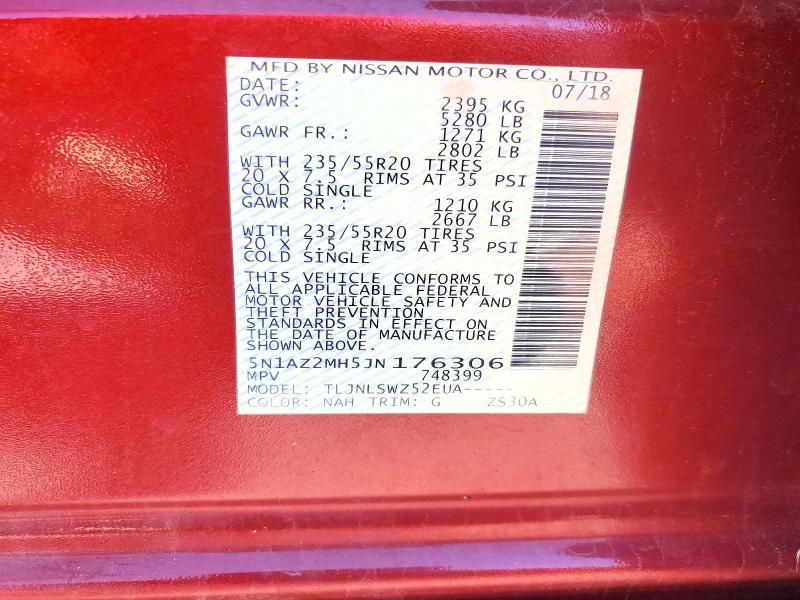 67901966 :رقم المزاد ، 5N1AZ2MH5JN176306 vin ، 2018 Nissan Murano مزاد بيع