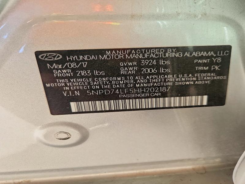 68262606 :رقم المزاد ، 5NPD74LF5HH202187 vin ، 2017 Hyundai Elantra مزاد بيع