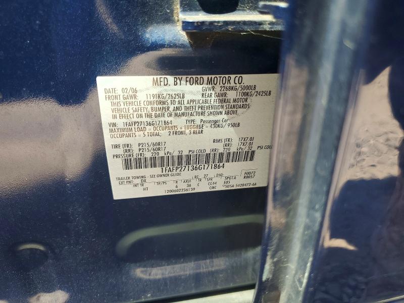 2006 Ford Five Hundred მანქანა იყიდება აუქციონზე, vin: 1FAFP27136G171864, აუქციონის ნომერი: 68306126