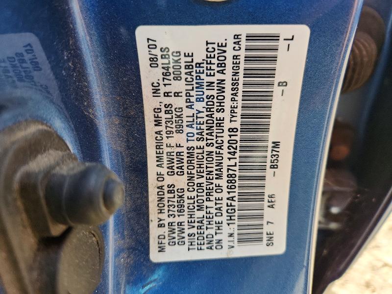 Продаж на аукціоні авто 2007 Honda Civic, vin: 1HGFA16887L142018, номер лоту: 67412426