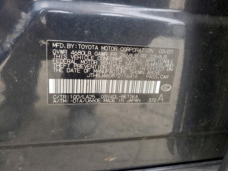 Aukcja sprzedaży 2007 Lexus Es, vin: JTHBJ46G872116416, numer aukcji: 70063276