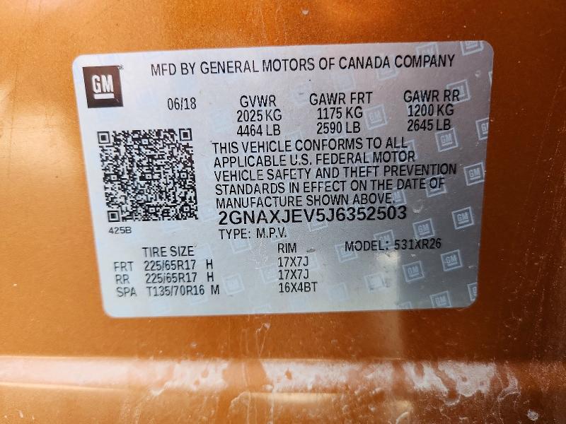 2018 Chevrolet Equinox მანქანა იყიდება აუქციონზე, vin: 2GNAXJEV5J6352503, აუქციონის ნომერი: 69981056