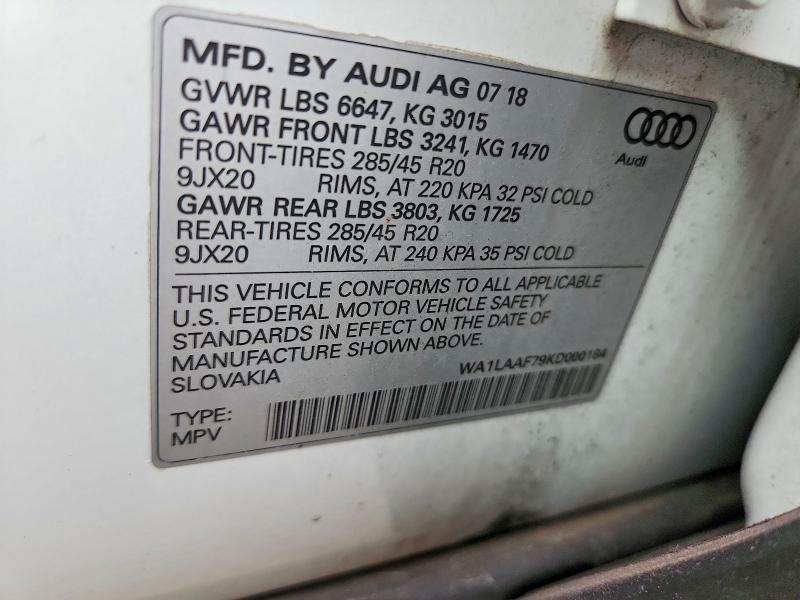 Aukcja sprzedaży 2019 Audi Q7, vin: WA1LAAF79KD000184, numer aukcji: 70824716